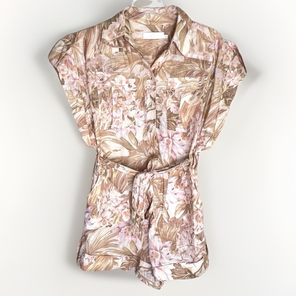 Zimmermann Andie Cuff Playsuit  Sepia Floral Linen Romper Short Sleeve Sz M - Picture 3 of 6